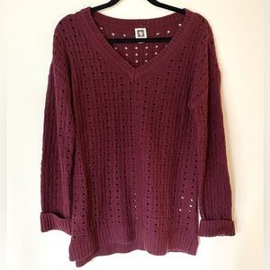 Anne Klein Wool Angora Blend Burgundy Maroon V-Neck Knit Pullover Sweater Size L